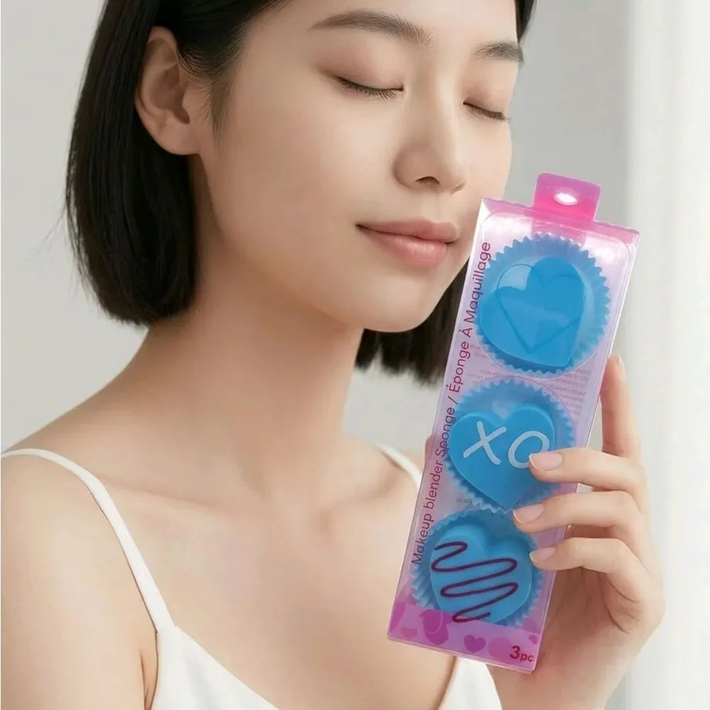 Makeup Blender Sponge 3pc Blue Heart Shaped Cupcake Sweet Girlfriend Gift